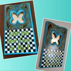 Butterfly mirror handpainted on vtg wood plaque checks & dots inspiratio…